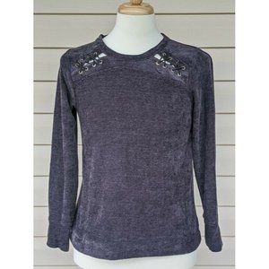 Women's Knox Rose Crew Neck Shirt Size Small Lace Peep Shoulder Gray Sweater NEW
